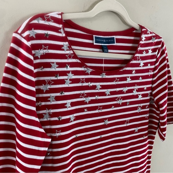 Karen Scott Red and White Striped w/Small Metal Stars Short‎ Sleeve Tee Sz L - Picture 3 of 11